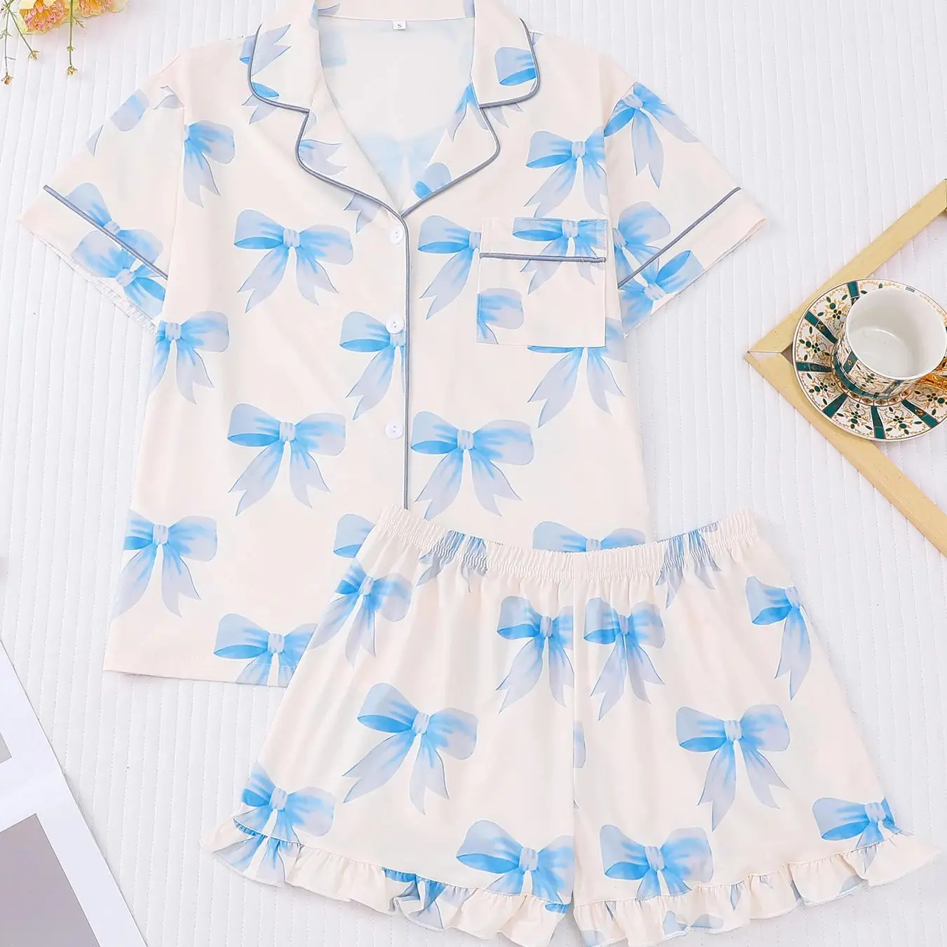 

Fresh blue bow element sleepwear summer loose short sleeved+ruffle edge shorts skin friendly breathable two-piece set