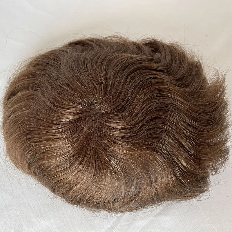 Human Hair Light Brown Crown Patch with Full PU Skin Base 8x8cm Straight Hairpiece for Small Bald Spot Coverage