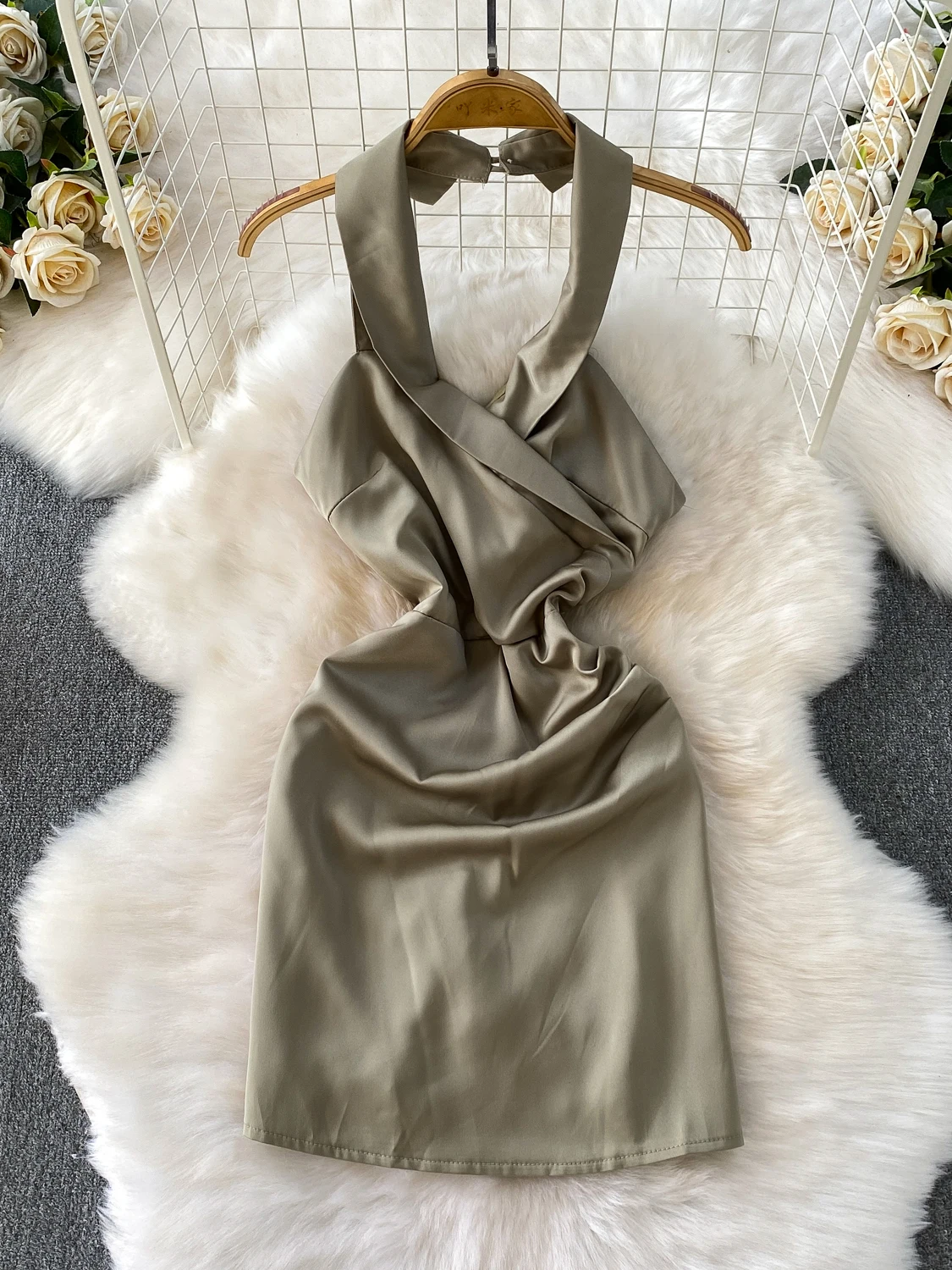 Sexy Cross V-Neck Backless Hanging Neck Dress Women's Autumn Satin Pleated Waist Slimming Bodycon Skirt High Waist Gown