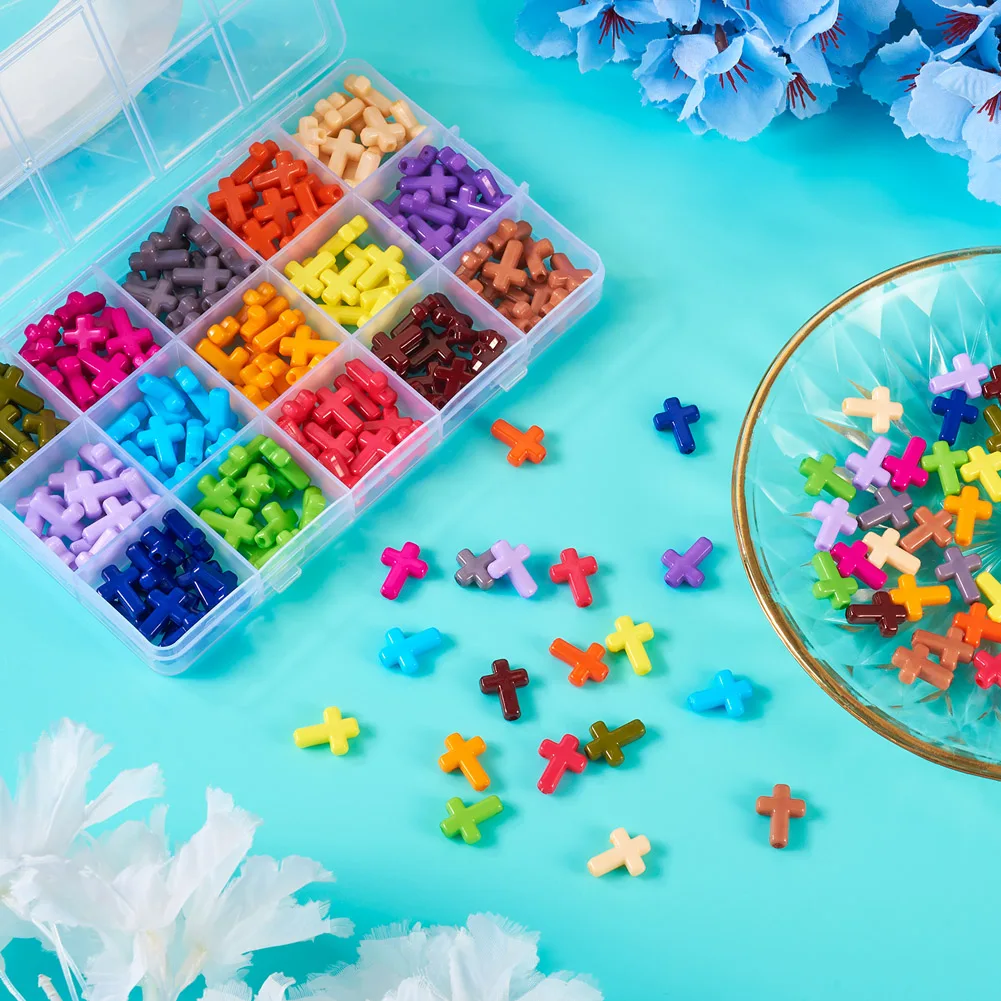 Pandahall 225Pcs Opaque Acrylic Cross Beads Loose Spacer Charms For DIY Necklace Bracelet Jewelry Making Mxied 15 Colors