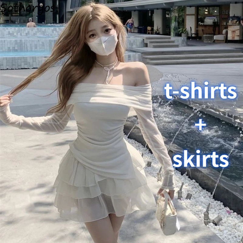 

Two Piece Sets Women Solid Slash Neck T-shirts Ball Gown Mini Skirts Hotsweet Tender Fashion Sexy Y2k Girls Party Soft Romantic