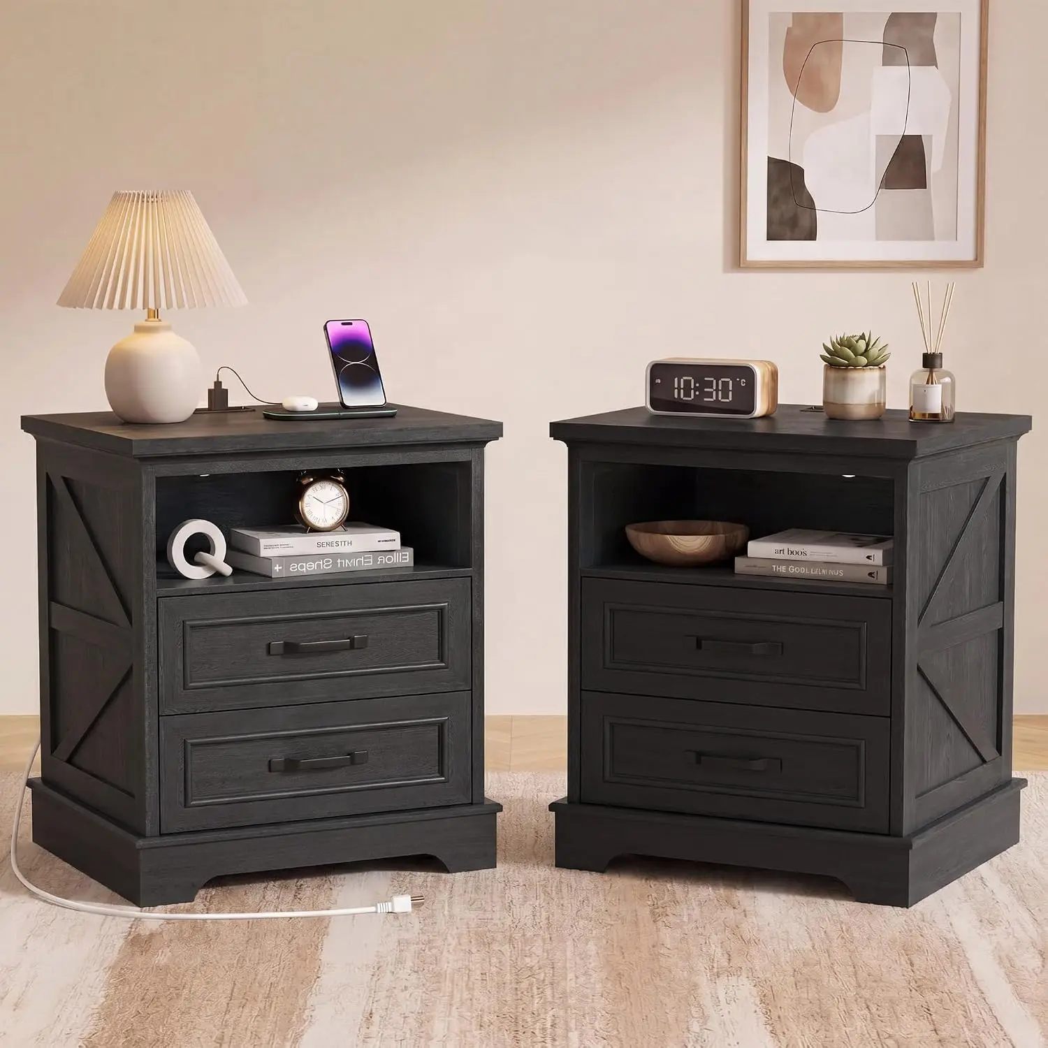 Rustic Nightstand Set of 2 with Charging Station, 2 Drawers Wood Bedside Table Bedroom Living Room Black, Customized