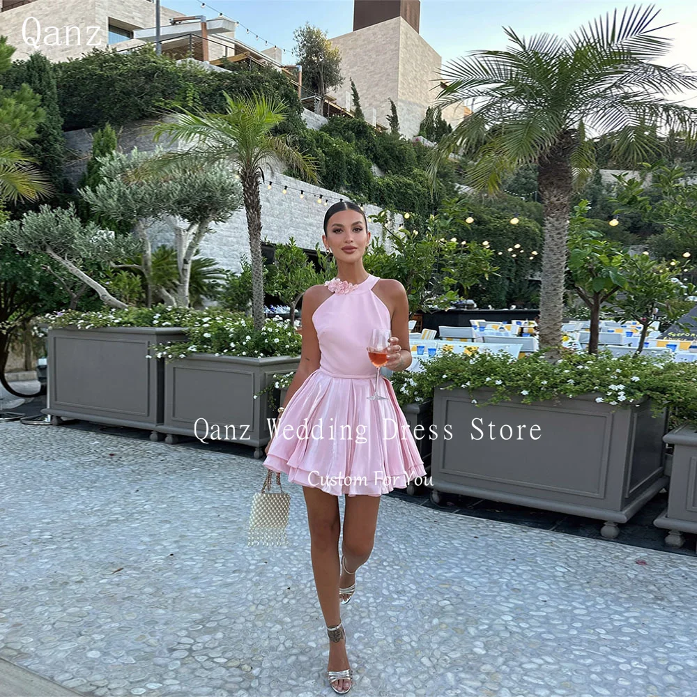

Qanz Beach Pink Mini Prom Dresses Sleeveless Above Knee Party Dresses Women Plus Size Flowers Robes De Cocktail Customized