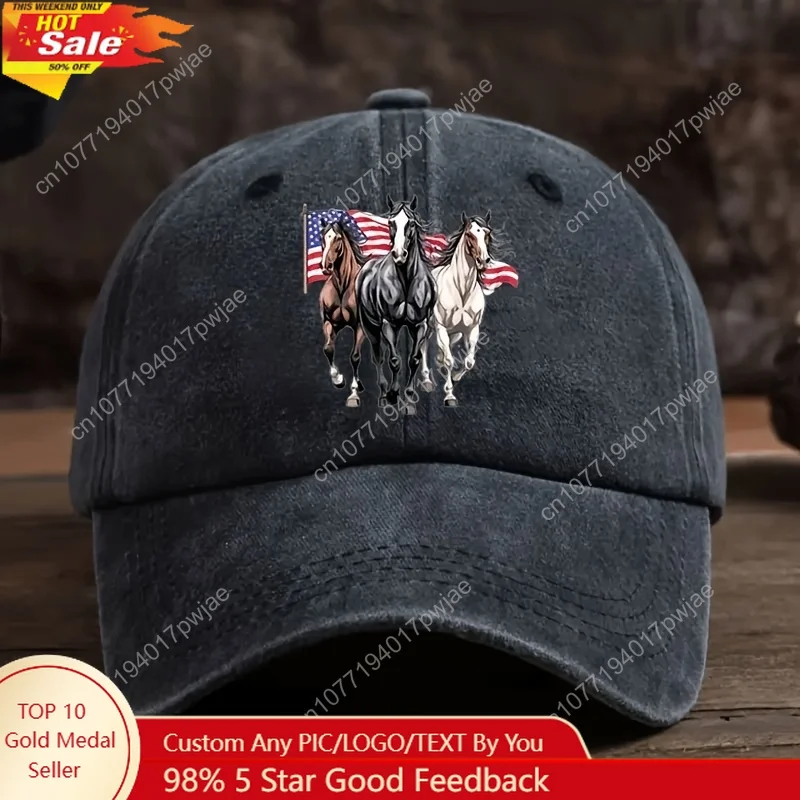 

Retro American flag and horse pattern baseball cap, adjustable outdoor sun hat