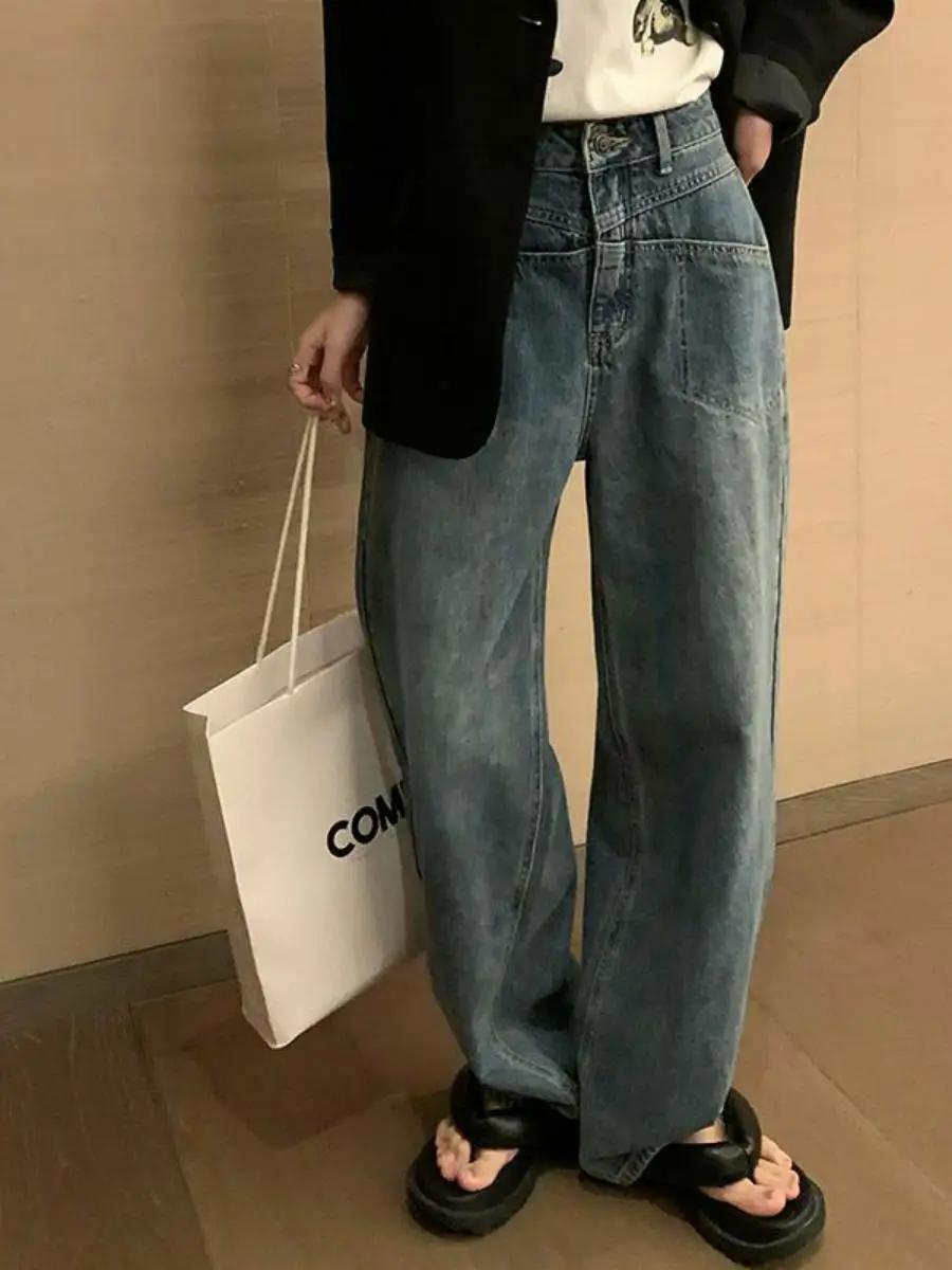 الربيع الصيف عالية الخصر واسعة الساق عارضة المرأة الجينز Personali كيت تصميم السراويل الطويلة خمر مستقيم قطع السراويل