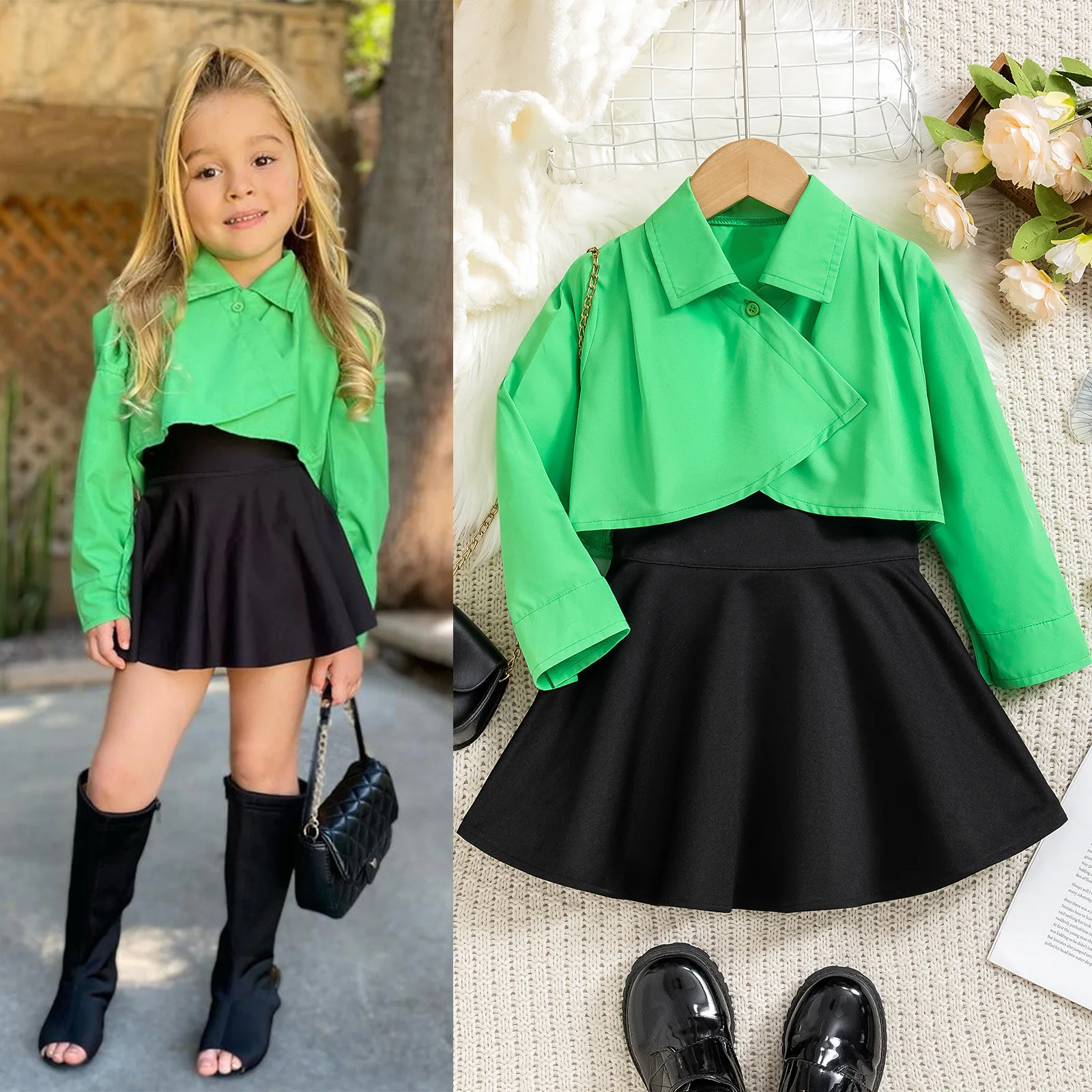 

Europe and the United States Spring and autumn children lapel solid color single button top high waist ruffled skirt suit