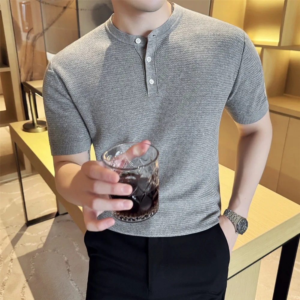 Lyocell Linen Knitted Short Sleeved T-shirt for Men Henry Casual Business T-shirt Top Solid Color Versatile Office Social Tshirt