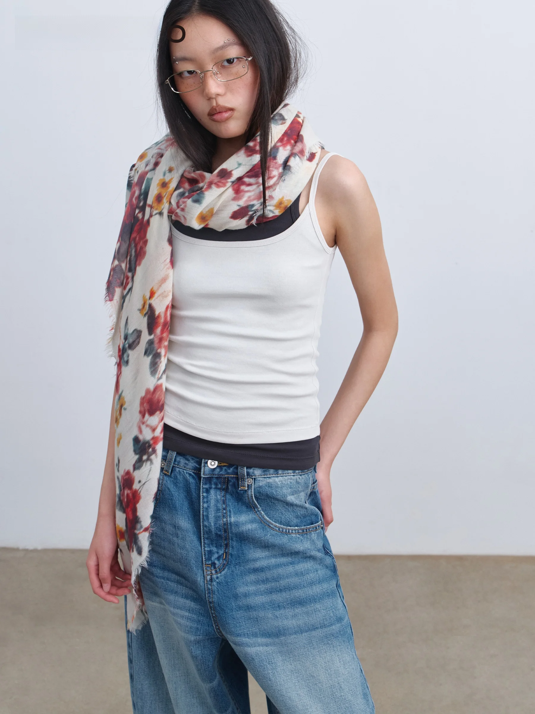 

VERMO Soft Lightweight Rose Print Hand-Torn Fringe Scarf Shawl Korean Style Decorative Long Rectangle Silk Wool Blend Women's...