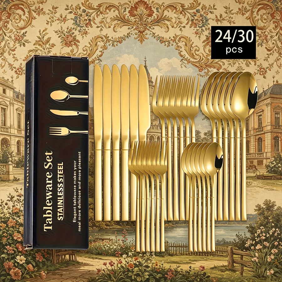 Set di posate da 30/24 pezzi in acciaio inossidabile dorato Knight, per 6 persone, include coltello, forchetta e cucchiaio. Posate Lucidate Adatte per
