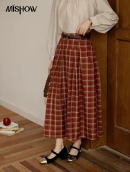 MISHOW Red Plaid Pleats Midi Skirt for Women 2024 Autumn Vintage A-line Skirt High Waist Slim Long Skirts Side Pocket MXD41B0494