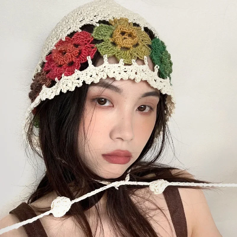 Women's Handmade Crochet Openwork Knit Bonnets for Women Cute Sen Ethnic Style Hood Caps Vintage Fringed Girly Style Beanie Hats