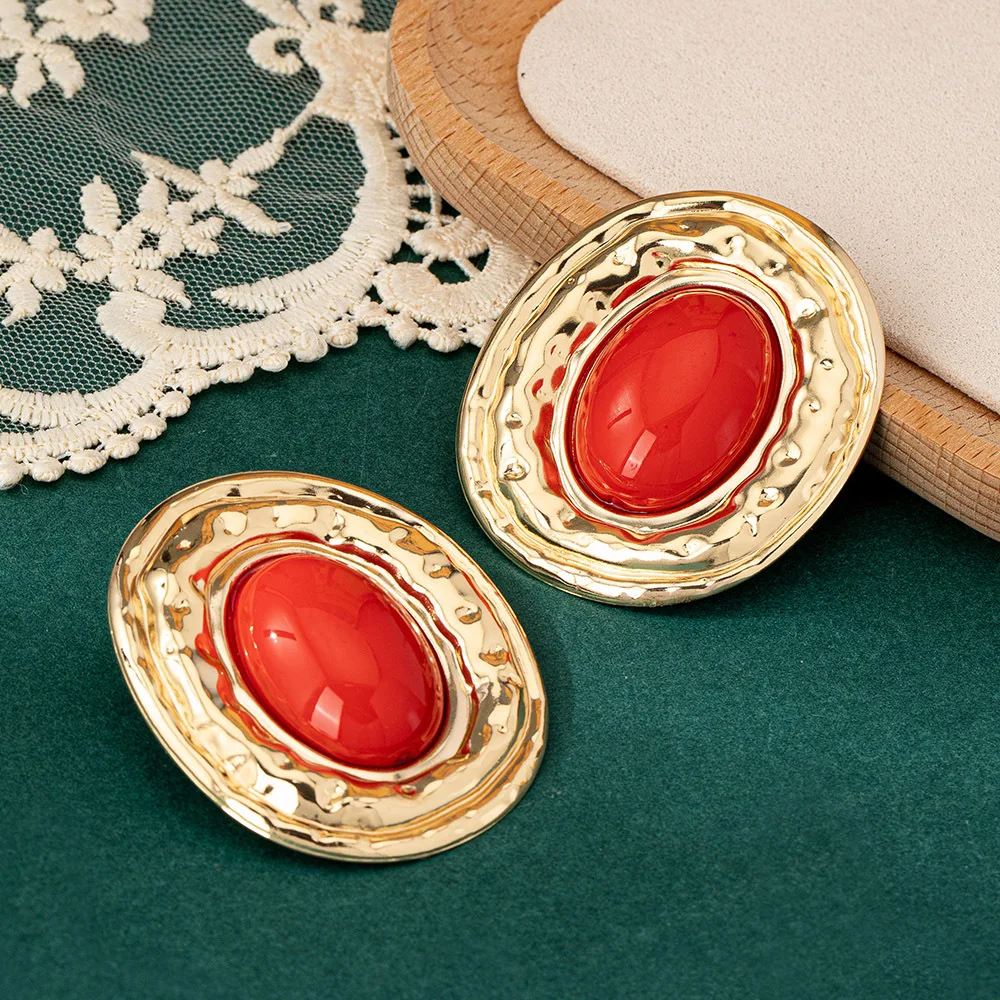 Vintage Ovale Rote Harzstein-Ohrstecker für Frauen, Überdimensionierte Metall-Türkis-Ohrringe, Party-Statement-Schmuck Geschenk