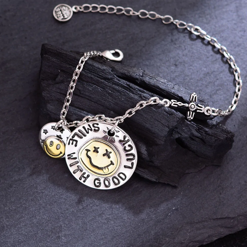 New Arrival Trendy Smile Face Retro Thai Silver Ladies Charm Bracelet Jewelry For Women Short Chain No Fade
