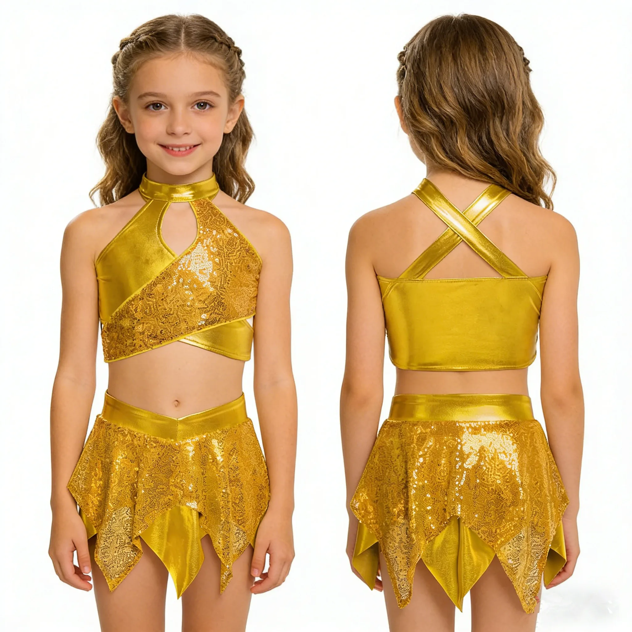

Children Girls Hip Hop Jazz Dance Cheerleading Outfit Shiny Sequins Metallic Crop Tank Top with Culottes for School Party Show