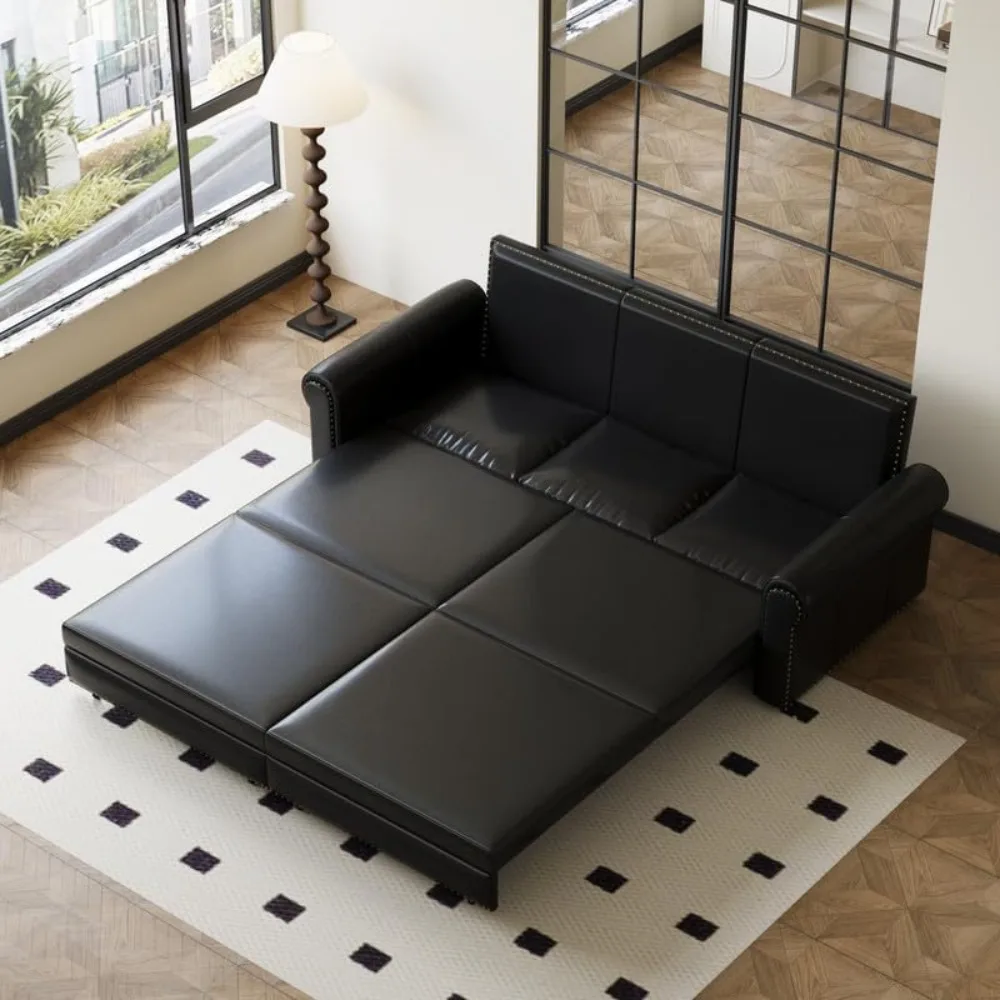 

Chesterfield Sofa Bed, 93.7" King Convertible Sleeper Sofa, 3-in-1 Faux Leather Pull Out Couch with Nailhead Trim & Rolled Arms