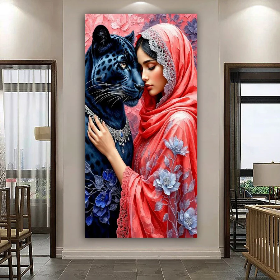 

Women and Black Panther Large Size Diy Diamond Art Painting Kits New Collection Animals Full Drill Mosaic Embroidery Picture