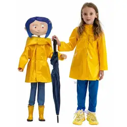 Coraline Cosplay Costume Wig Horror Fairytale Movies Yellow Coat Secret Door Adult Kid Size Halloween Party Scary Roleplay Suit