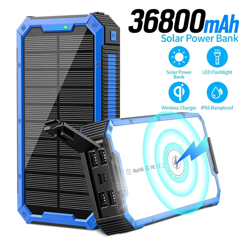 

36800mAh Fast Charging Solar Power Bank with LED Camping Wireless Charging Mobile Power Outdoor Solar Charger for iPhone Xiaomi