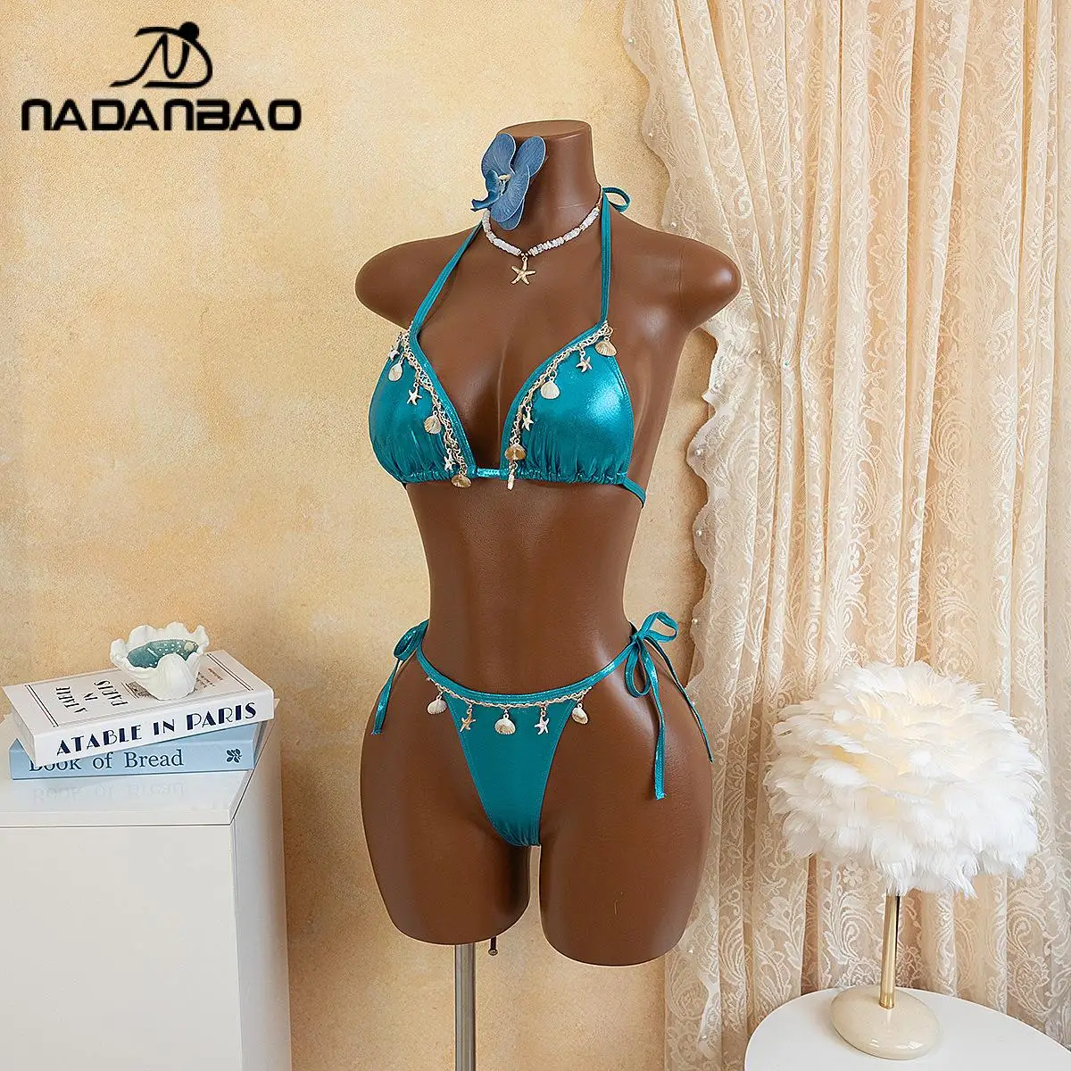 

Сексуальный купальник Ndanbao Shell Three Point Shiny Bikini с блестящими элементами, на шнуровке, с низкой талией, на бретелях, для пляжа и спорта, летний.