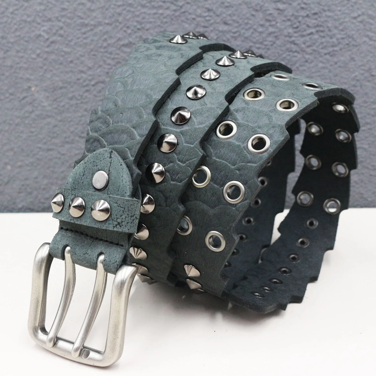 3.8cm Men's Head Layer Cowhide Snake Pattern Embossed Belts,Man Retro Punk Rivet Double Needle Personalized Design Belt