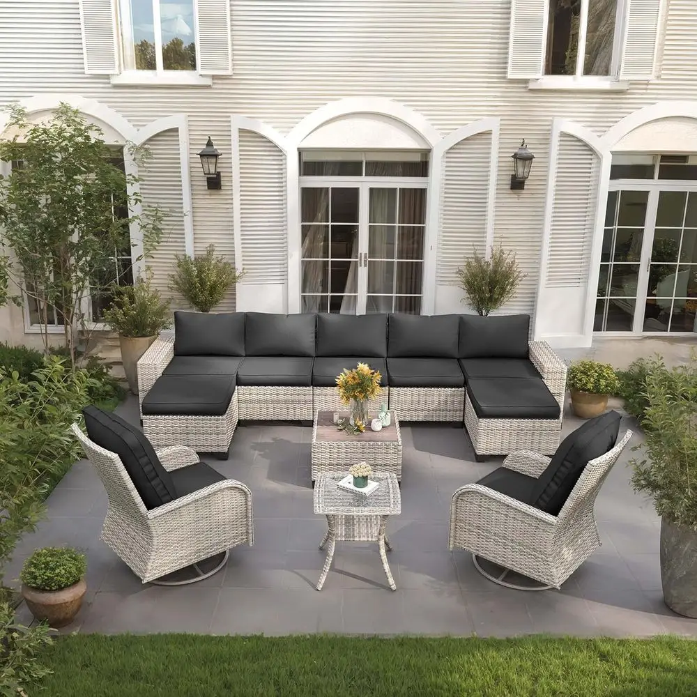 

11-Piece Outdoor Patio Furniture Set: Rocking Swivel Chair, Wicker Sectional Sofa, Ottomans, and Coffee Table in Grey for Backya