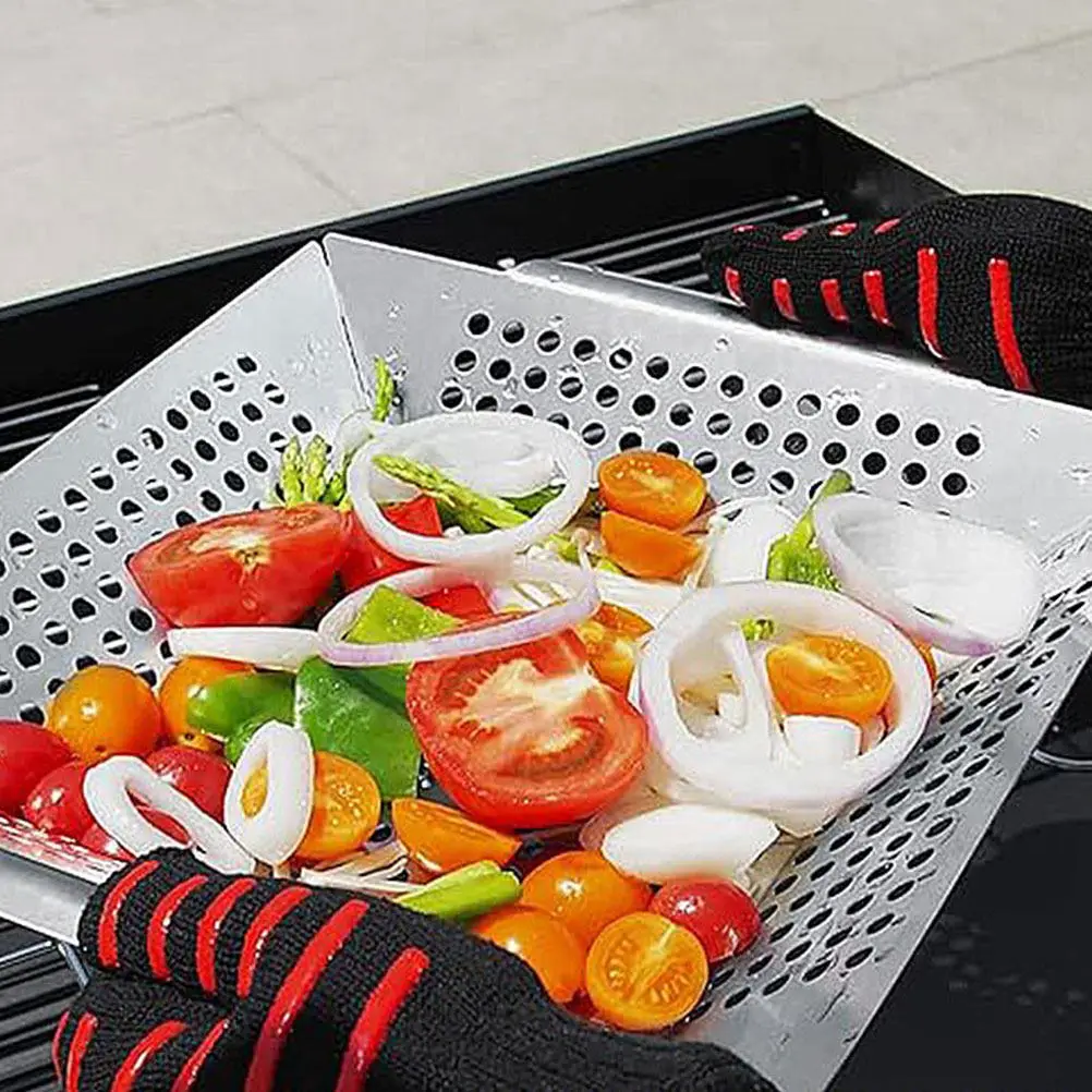 Camping Grill Tray Stainless Steel Bbq Pan Double Handle Wear-Resistant Reusable Multi-Function Portable Household Grill Topper