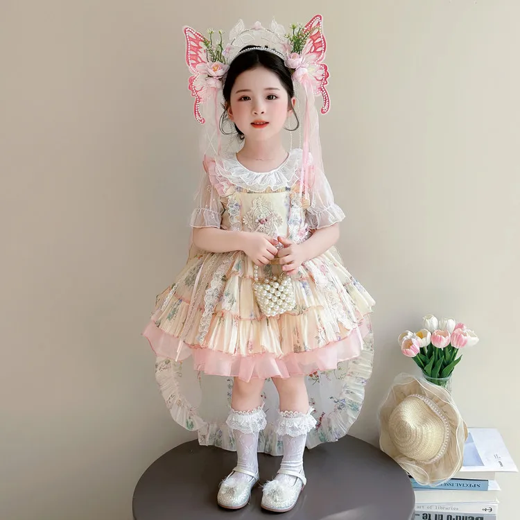 Vestido de Princesa Lolita para Meninas, Vestido Floral Doce para Aniversário, Vestido de Algodão Macio com Manga Longa até o...