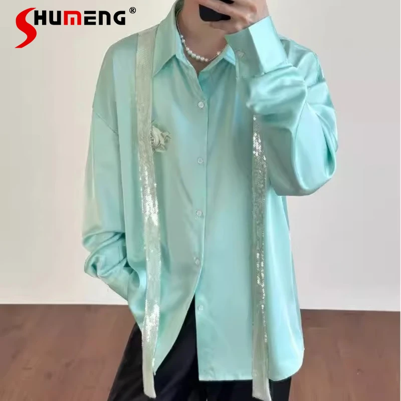 

Men's 2026 Spring Summer New Lapel Long-Sleeve Elegant Shirts Stylish Rose Flower Sequin Tie Tops Male Simple Handsome Shirts