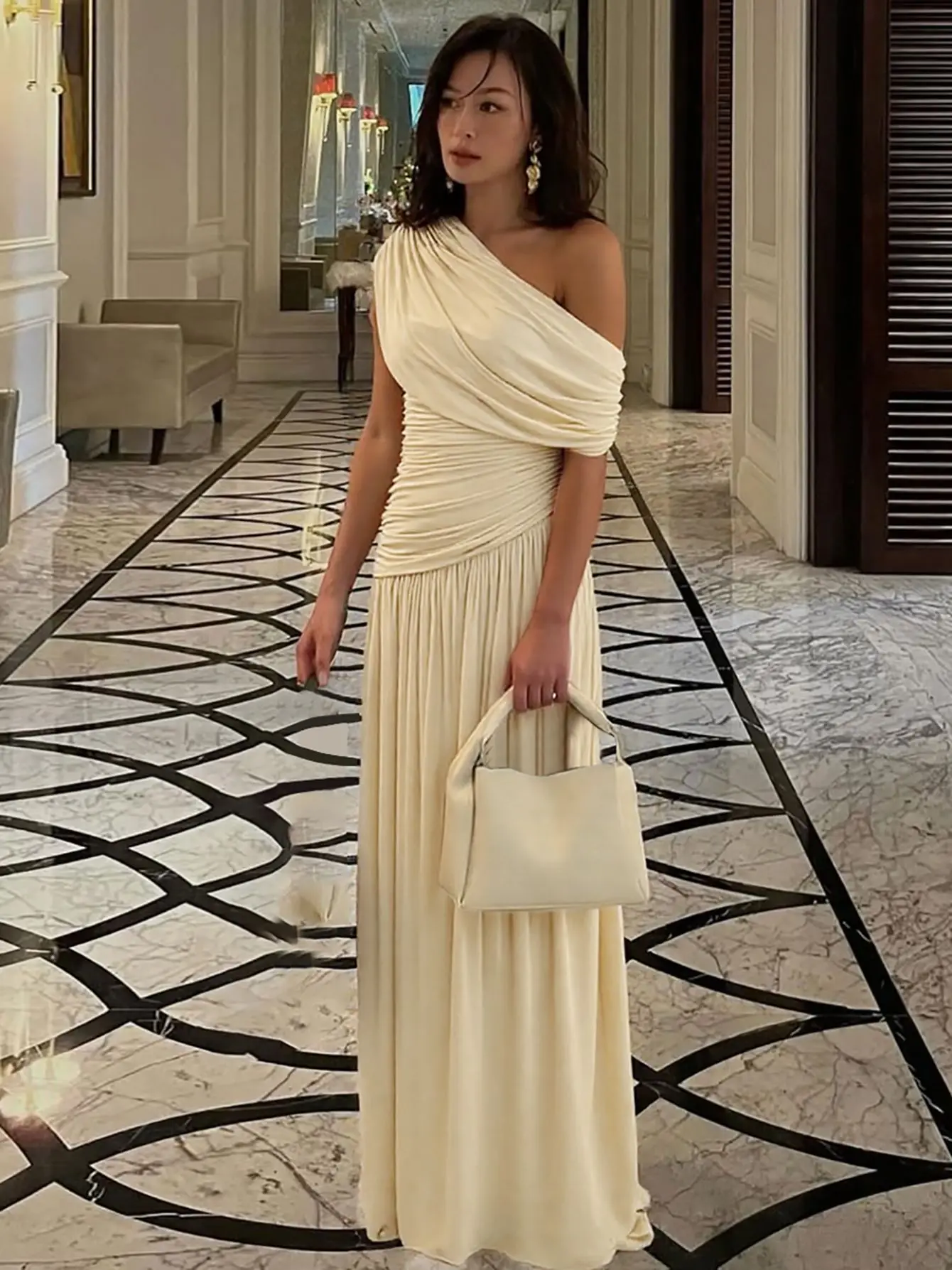 CHNMR Elegant One Shoulder Ruched Slim Maxi Dress Women Fashion Sleeveless Evening Party Robe Y2K 2026 Summer New Female Clothes - view 2