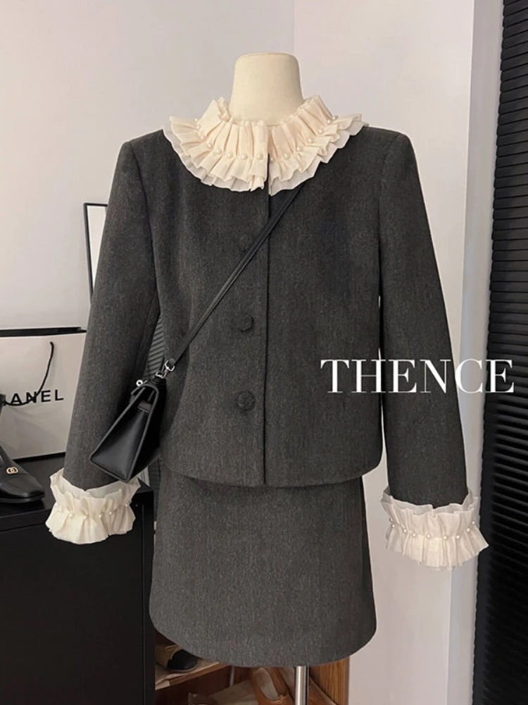 Korobov Small Fragrance Patchwork Doll Collar Coat Short Skirt Fashionable Two-piece Set Chic Style Suit Autumn Winter Conjuntos