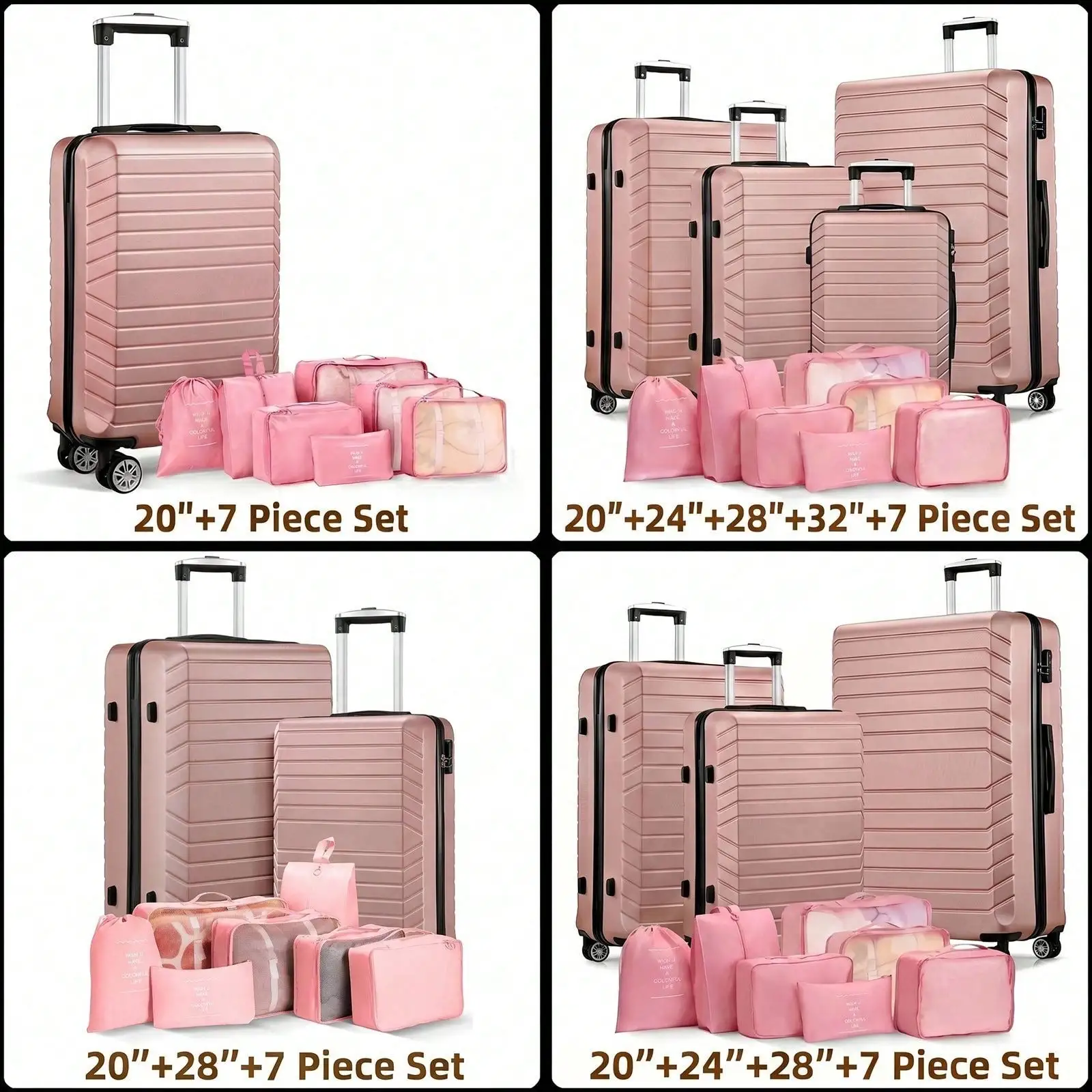 4-Piece Hardside Luggage Set (20/24/28/32 Inch) With 7 Packing Bags, Durable ABS Suitcases With Spinner Wheels,Large Capacity Travel Luggage Set