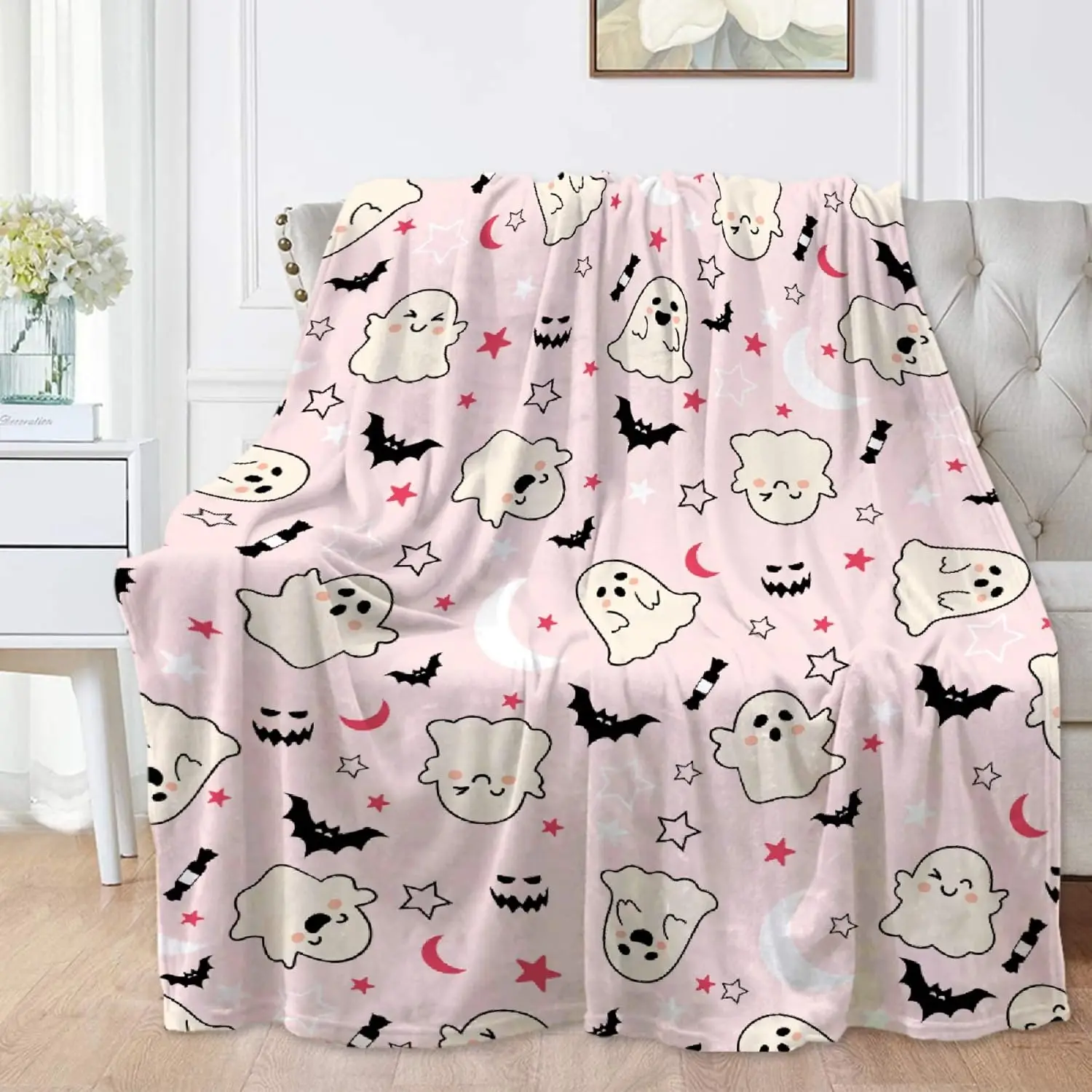 Halloween Blanket for Kids Fun Cute Pink Ghost Bat Printed Halloween Stuff