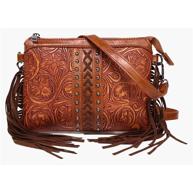 Women Boho PU Leather Crossbody Bag Embossed Floral Fringe Tassel Shoulder Bag Vintage Western Style Messenger Purse