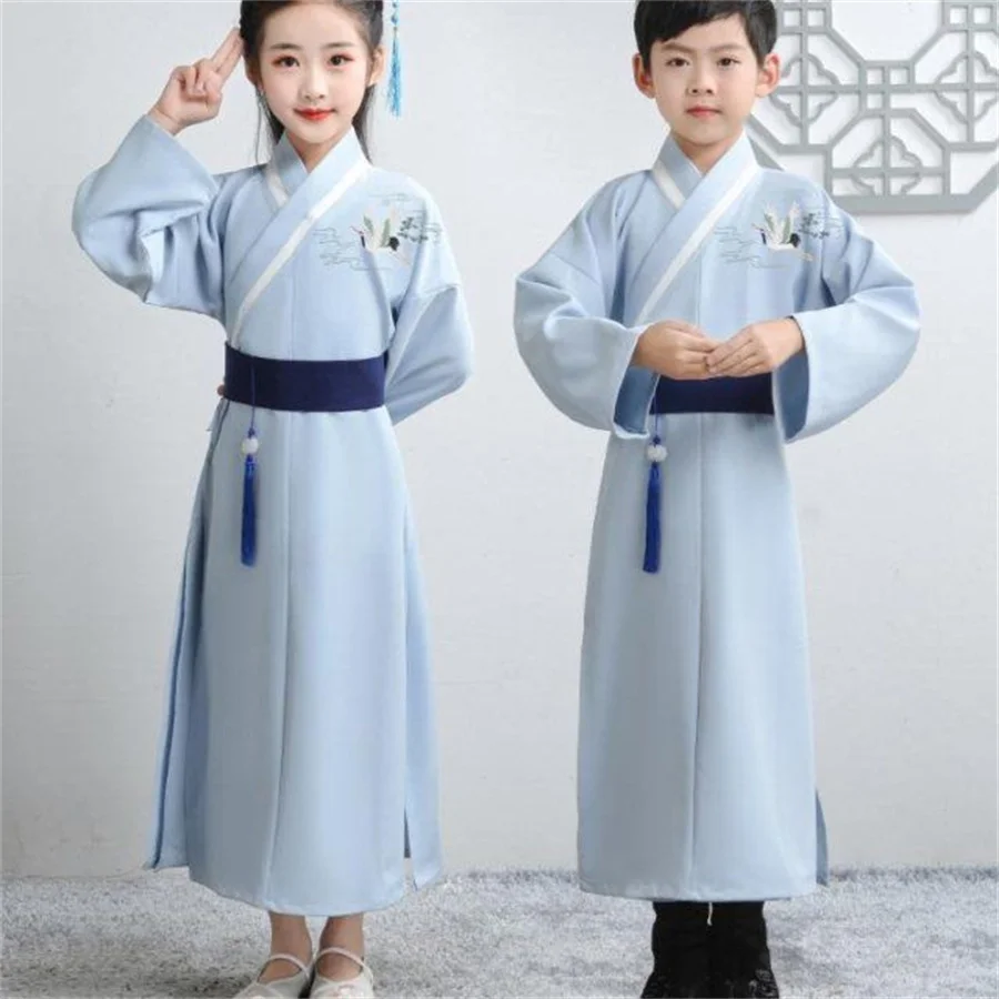 Hanfu baju sekolah anak laki-laki perempuan, baju Hanfu tradisional Cina, pakaian sekolah gaya kuno anak-anak