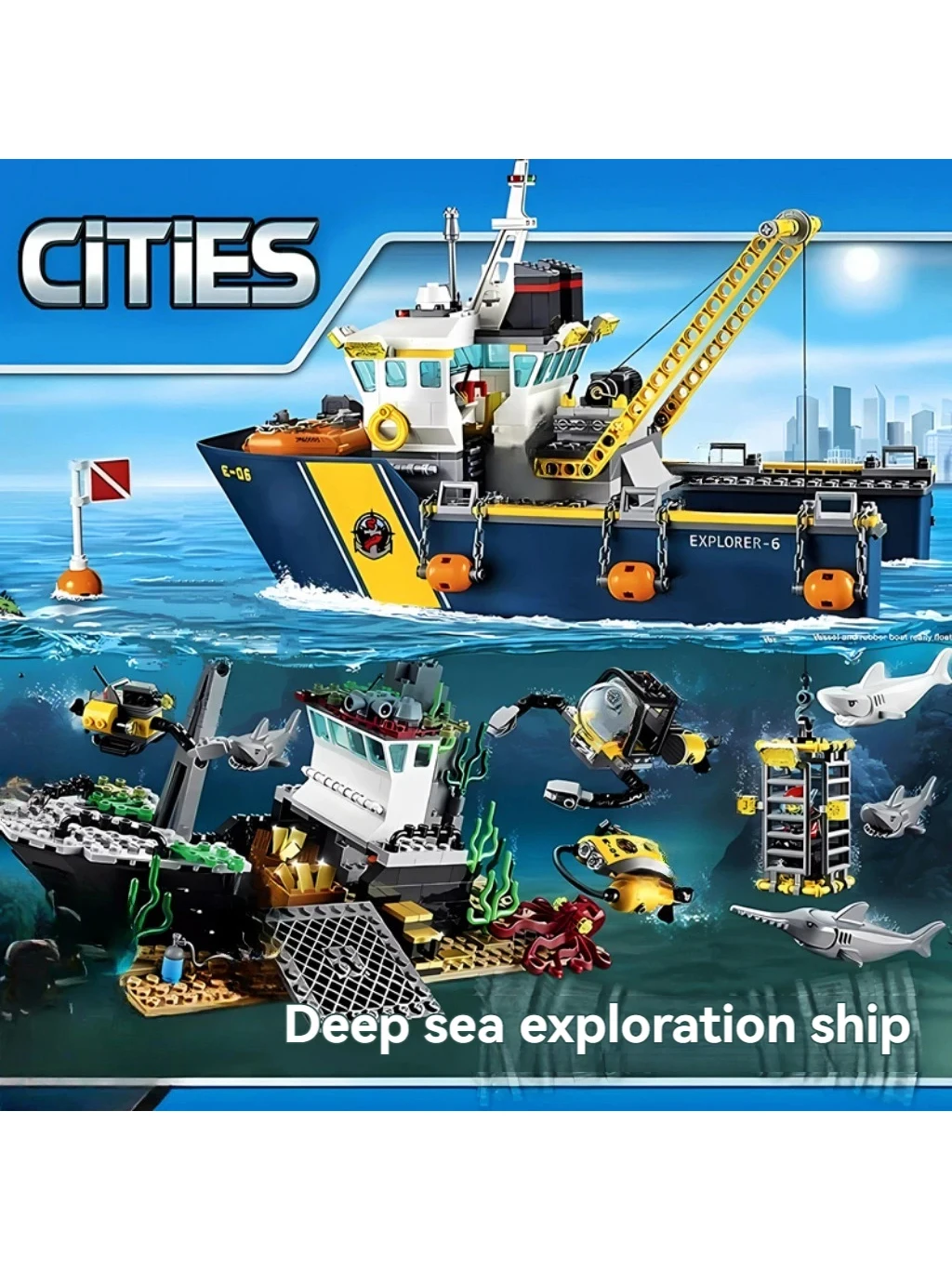 774pcs City Deep Sea Exploration Vessel Submarine Scuba Scooter Shipwreck Shark 60095 Building Block Toys Compatible With Model