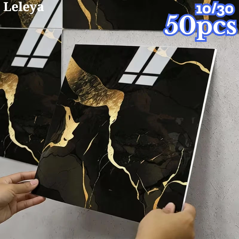 Marble Effect Ceramic Tile Stickers Waterproof Self-adhesive Panel for Bathroom Kitchen Wall Floor Decoration Home Decoration