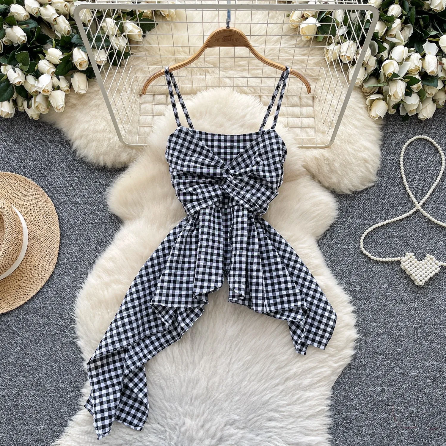 Plaid Double Strap Cami Top for Women with Twist Knot & Asymmetrical Hem