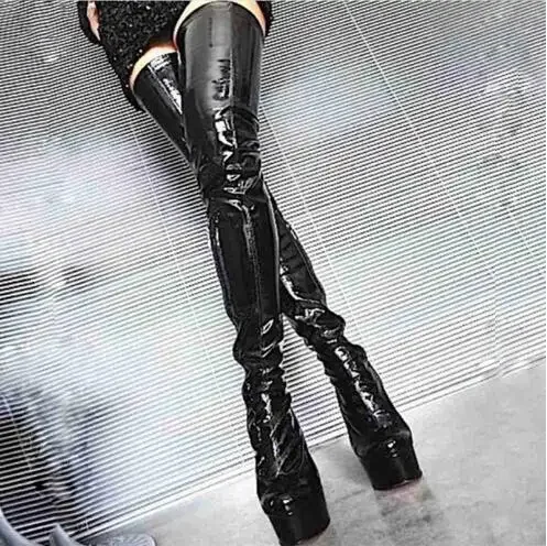 Sexy Women Black Patent Leather 16 Cm Super Heels Platform Thigh Boots Female Round Toe Over The Knee Party Boots Shoes Lady