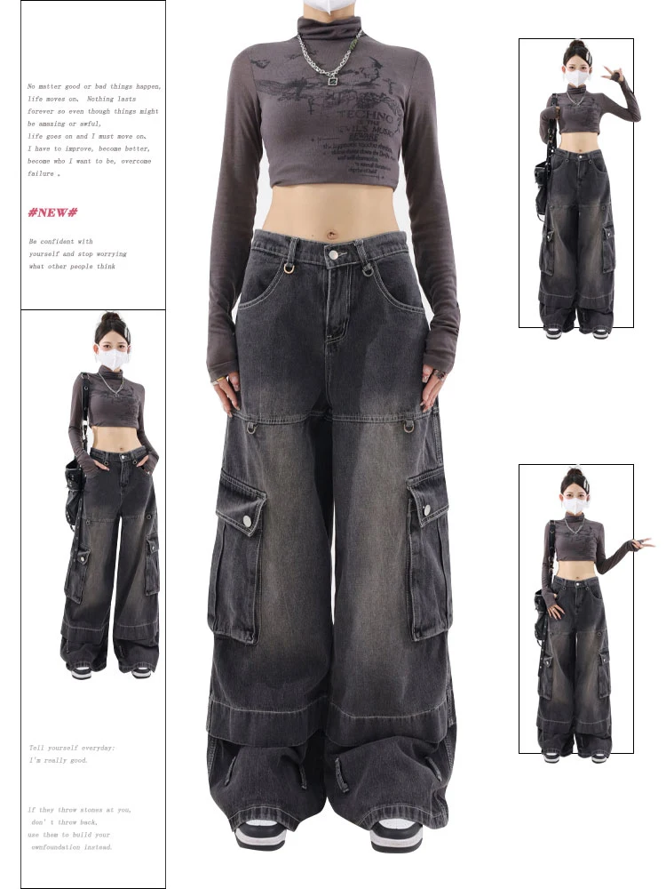 

Women Black Gothic Cargo Jeans Baggy Harajuku Aesthetic Oversize Denim Trousers Y2k Jean Pants Vintage Emo 2000s Trashy Clothes