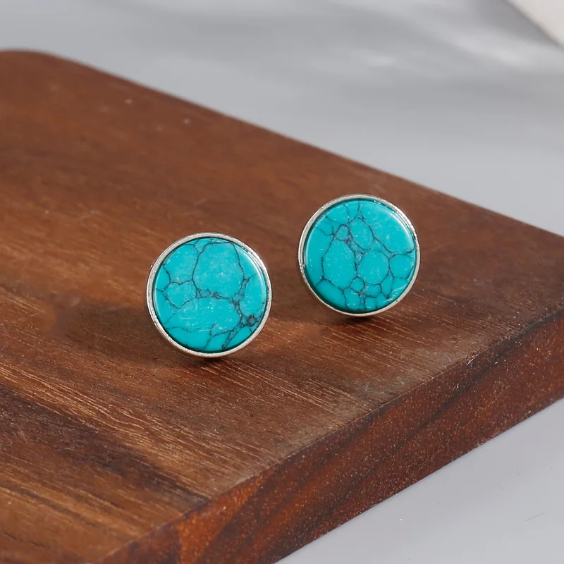 New Vintage Silver Color Round  Turquoise Stud Earrings for Women Fashion Statement Jewelry Metal Earring Wholesale