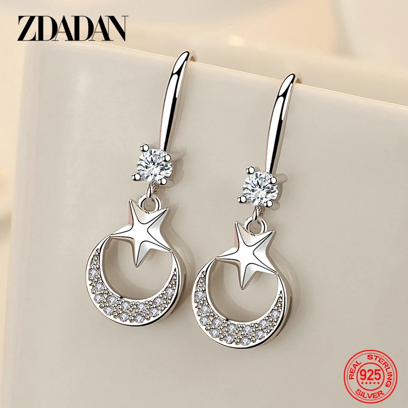 

ZDADAN 925 Sterling Silver Star Moon CZ Dangle Earrings For Women Fashion Jewelry