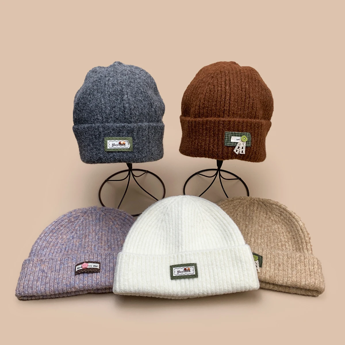 Korean Cute Flower Button Patched Letters Knitted Hats New Women Warm Casual Fashion Outdoor Versatile Travel Ins Niche Beanies