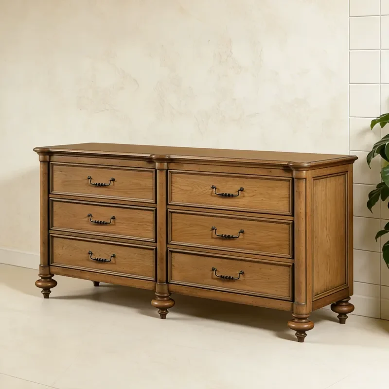 American Retro Solid Wood Six Drawer Chest Bedroom Dresser Log Color Dining Sideboard Storage Cabinet Home Entryway Console
