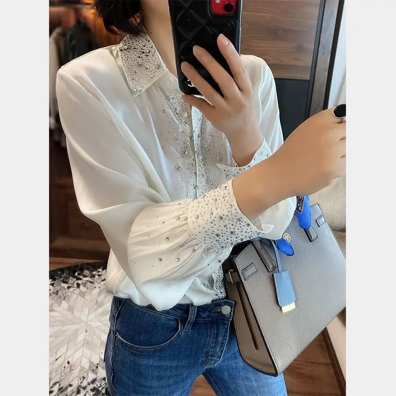 Spring Autumn Fashion Turn-down Collar Long Sleeve Solid Color Embroidered Flares Blouses Women\'s Clothing Simplicity Chic Shirt