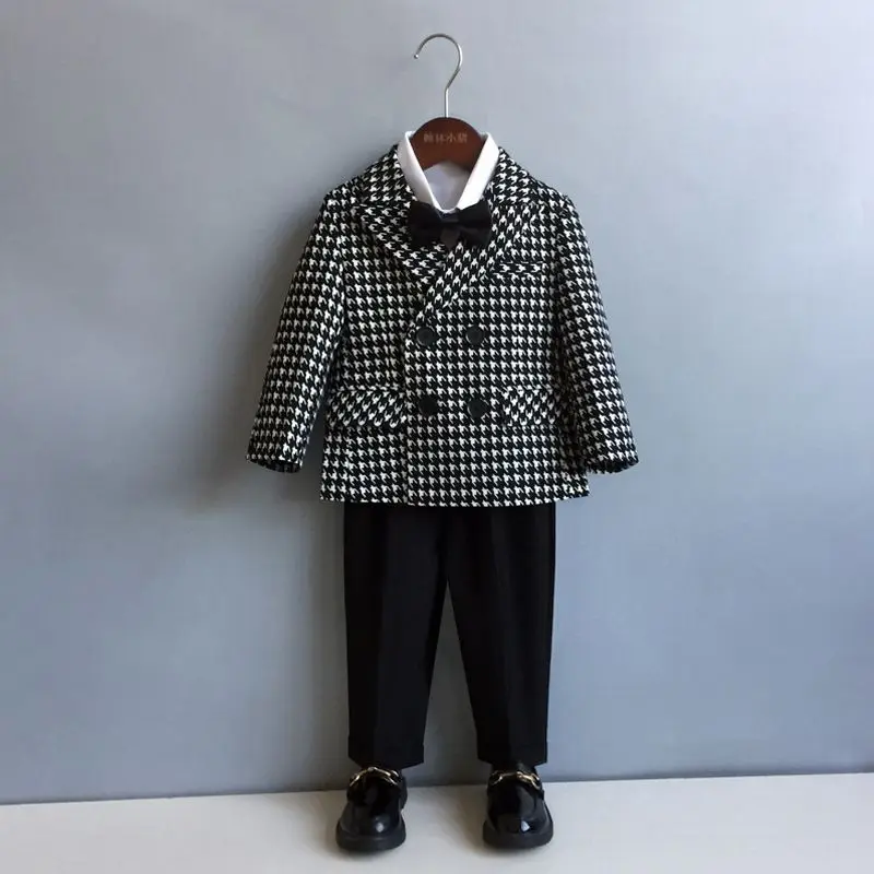 Boys British Style Suit Set Spring Autumn Fleece Casual Blazer Jacket Pants Formal Outfit For Kids Toddler