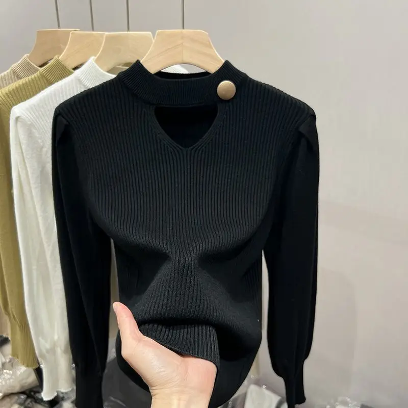 Autumn Winter Women's Solid Color Lantern Long Sleeve Rivet Hollow Out Sweater Undershirt Pullover Half High Collar Korean Tops