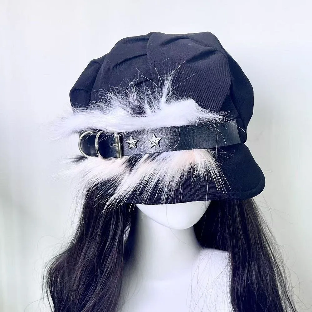 หมวกเบเร่ต์สไตล์ฮาราจูกุ กอธิค โลลิต้า สำหรับผู้หญิง หมวกทรงแปดเหลี่ยม แต่งขนเทียม หนัง PU พร้อมหัวเข็มขัด สไตล์พังก์ Y2K