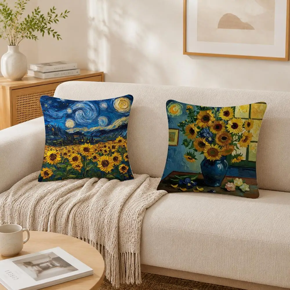 V-Van Gogh Oil Painting Cushion Cover Plush Decorative Pillow Case With Hidden Zipper Cutecore Room Decor For Home