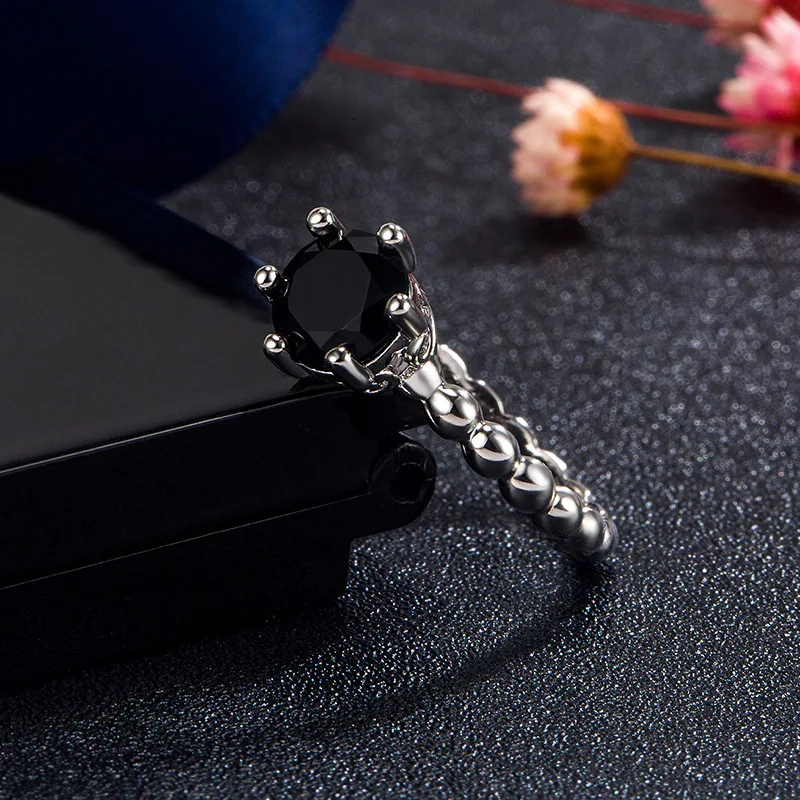 FUIHETYS Women Ring 925 Silver Jewelry Round Shape Obsidian Gemstone Finger Rings for Wedding Engagement Party Gift Accessories