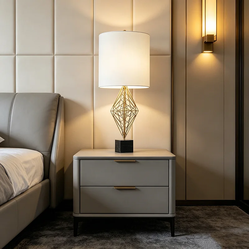 Geometric Iron Marble Fabric Shade Simple Modern Wireframe Table Lamp Eye-Caring Eco-Friendly Home Decor for Bedroom Living Room